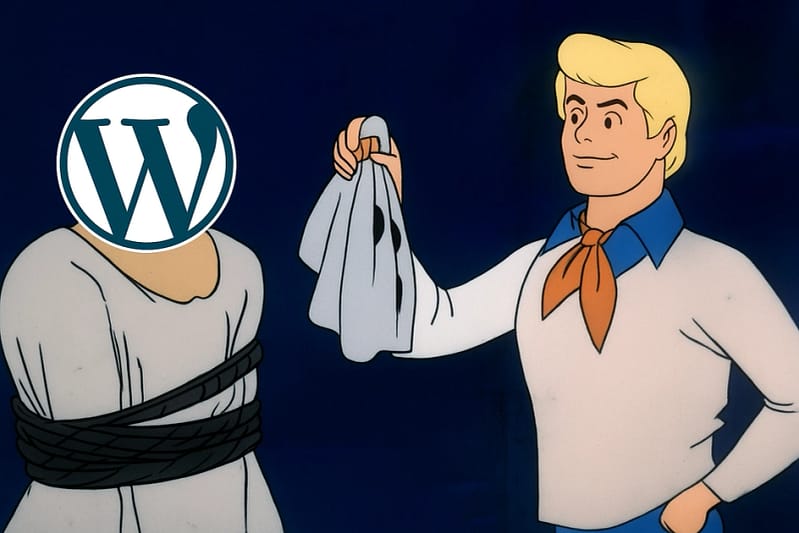 a wordpress logó és egy kötözött figura, wordpress mítosz leleplezése