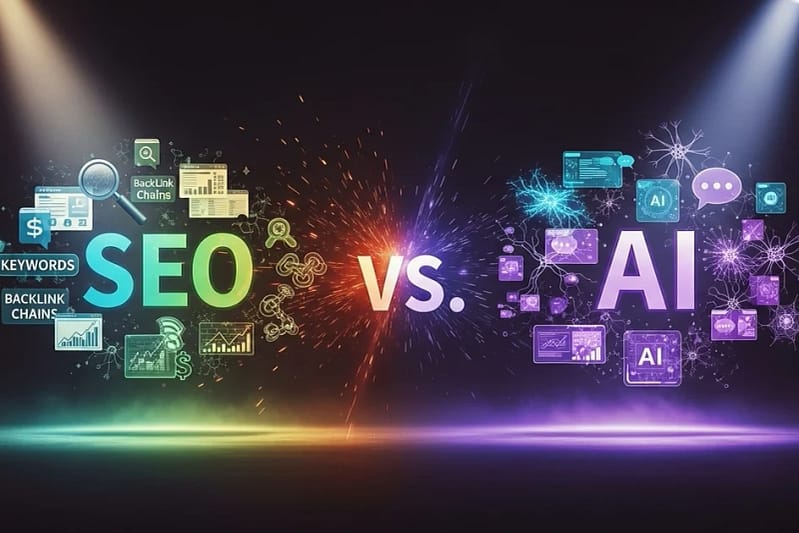 ai-ra optimalizált weboldal, SEO és AI összehasonlítása zöldes és lilás színekkel szimbolizálva