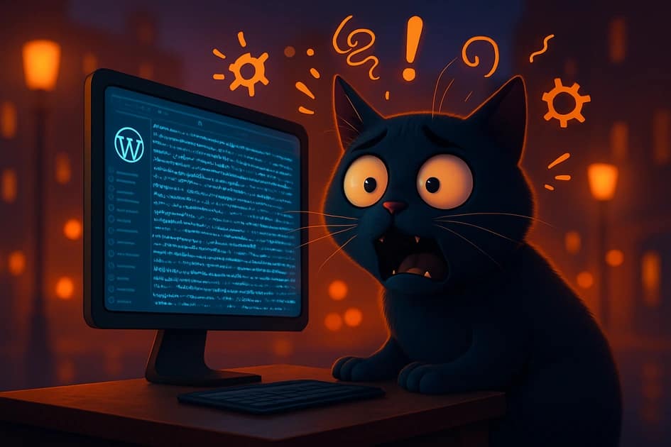 kétségbeesett fekete macska a számítógép előtt