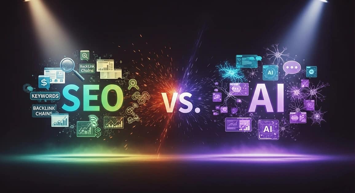 ai-ra optimalizált weboldal, SEO és AI összehasonlítása zöldes és lilás színekkel szimbolizálva